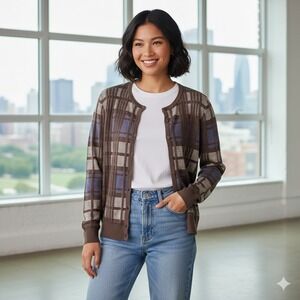 LOFT Outlet Plaid Button Front Cardigan Sweater Women's Brown - Size L‎